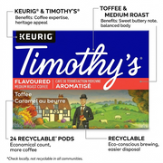 An e-commerce graphic highlights 24 recyclable Keurig Timothy'S Toffee K-Cup pods and tasting notes.