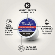 A focused product image of a Timothy's French Roast K-Cup, showcasing its key features with clean lines and callouts.