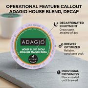 Operational feature graphic of the ADAGIO House Blend Decaf K-Cup, highlighting key benefits and certifications.