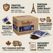 Trust and authority visual matrix for Timothy's Parisian Nights Coffee, featuring factual product cues.