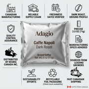 Trust and authority visual matrix for Keurig's Adagio ground coffee. Shows Canada-focused fulfillment, product specs, manufacture quality, sustainability, and fast shipping facts surrouding the central packet.