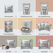 A matrix of nine silver Adagio coffee pouches, displaying different size variants (2.5oz, 5oz, 10oz) and dark roast blends available.
