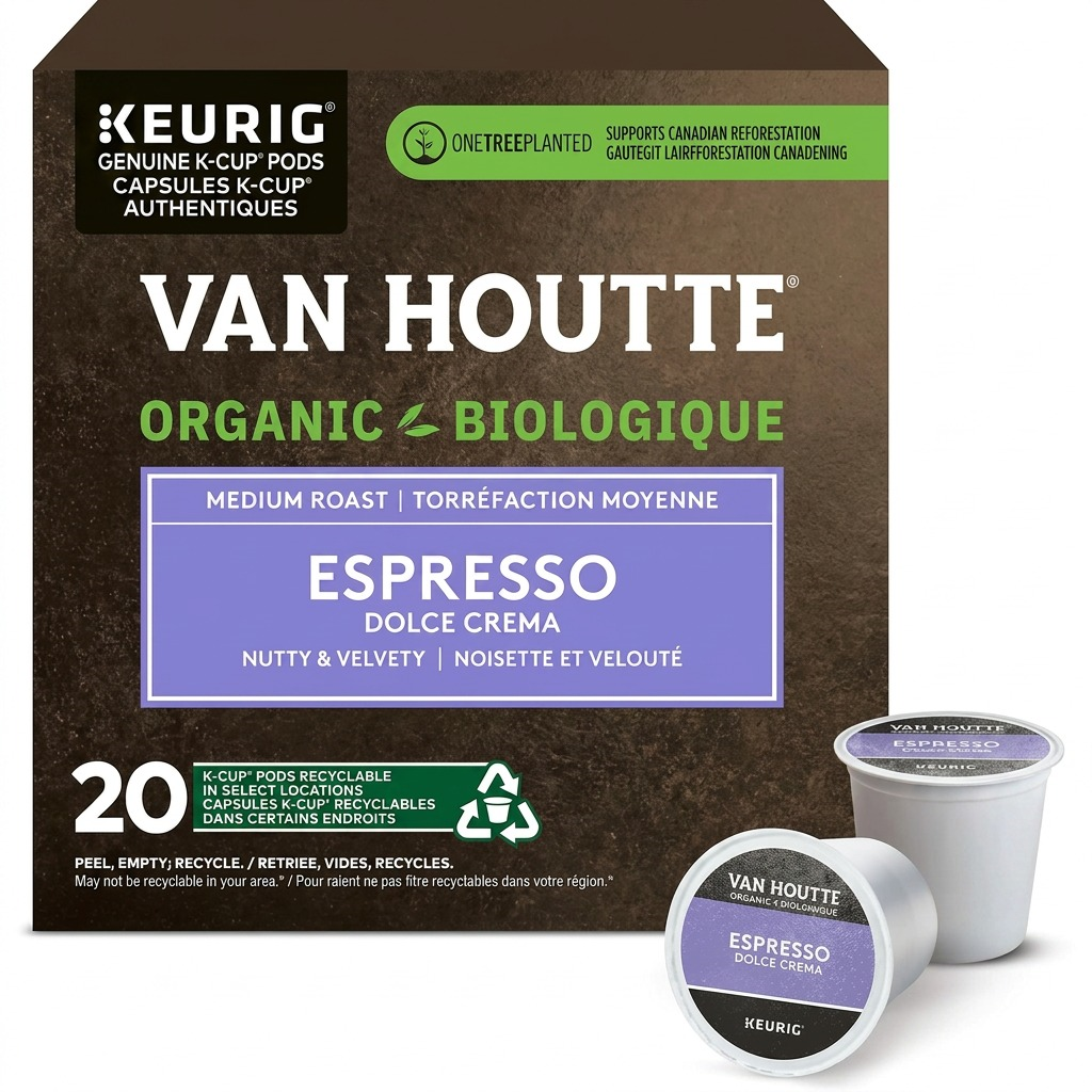 A professional, high-resolution hero image of the Keurig Van Houtte Espresso Dolce Crema K-Cup pod and its packaging against a pure white background. The image features sharp edges, natural shadows, and realistic lighting, emphasizing the details of the box and a single pod.