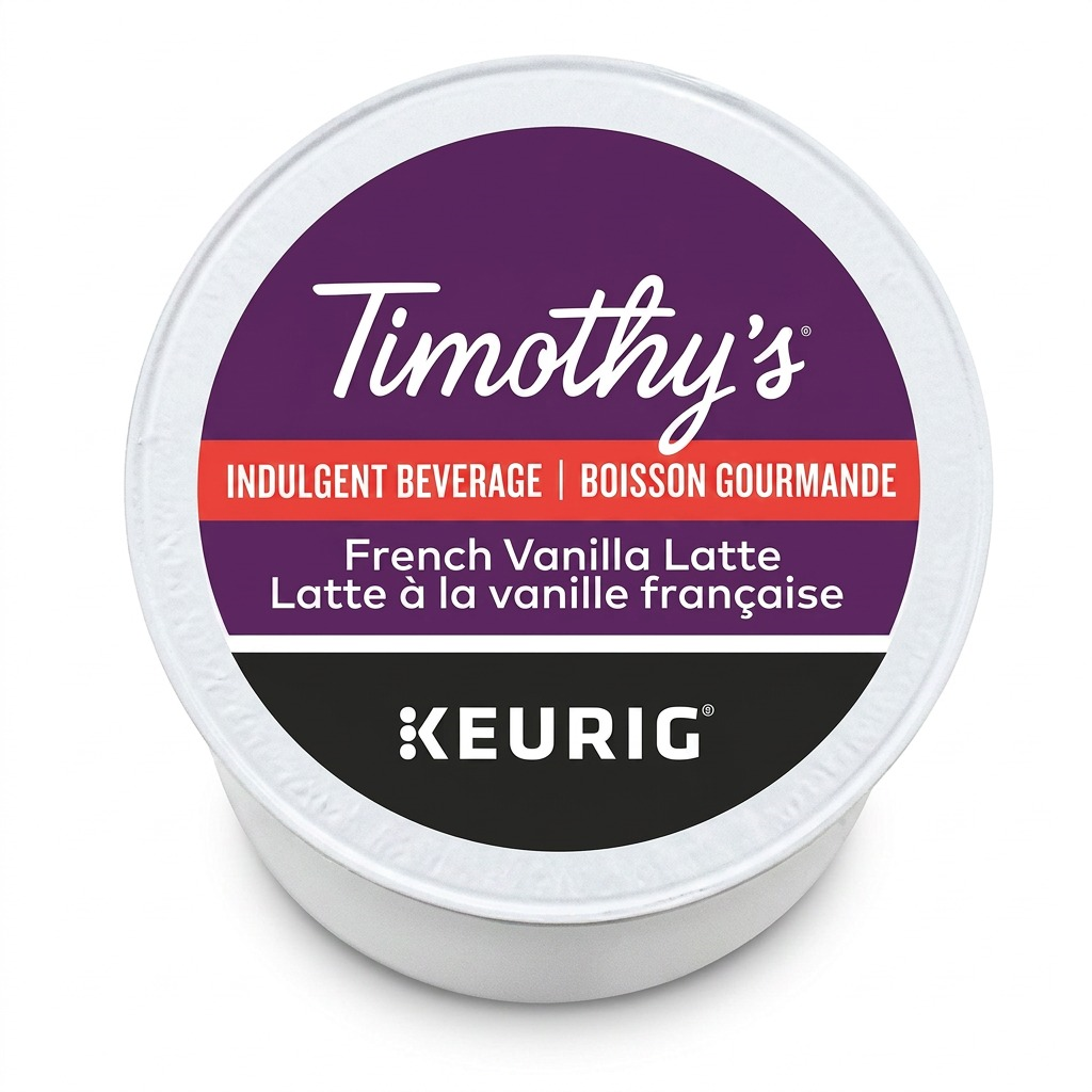 High-resolution centered product shot of Keurig Timothy's French Vanilla Latte K-Cup with sharp detail.