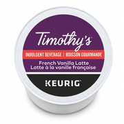 High-resolution centered product shot of Keurig Timothy's French Vanilla Latte K-Cup with sharp detail.
