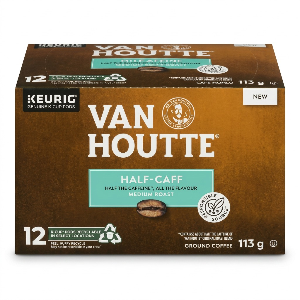 High-resolution e-commerce hero shot of Keurig Van Houtte Half-Caff Medium Roast Coffee, 12 count.