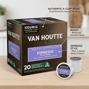 Van Houtte Espresso Dolce Crema K-Cup box and pods feature summary infographic with benefit labels.