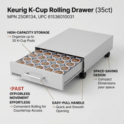 A polished feature callout graphic for the Keurig K-Cup Rolling Drawer. Thin lines point from brief product benefit text to relevant features: "High-Capacity Storage (up to 35 Pods)," "Effortless Movement (Rolling Wheels)," "Easy-Pull Handle," and "Space-Saving Design." Product details: Keurig Canada Inc. ROLLING K-CUP KEURIG DRAWER 35CT, MPN 25GR134, UPC 61536010031. Minimalist background with 'FAST CANADIAN SHIPPING' badge.