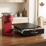 A kitchen scale reference view comparing the 35-count K-Cup drawer to a coffee maker and a ruler.
