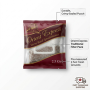 A graphic showing the Orient Express coffee ground packet with feature callouts for key product specifications and fast Canadian shipping.