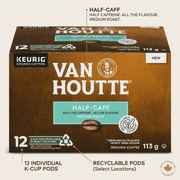 Operational feature graphic for Van Houtte Half-Caff KC 12ct box showing key specs and benefits.