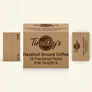 A matrix of three images: the front, back, and top of the Timothy's Hazelnut Ground Coffee cardboard case, showcasing its specific branding and labels from multiple angles.