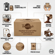Infographic matrix highlighting the authentic Timothy's Hazelnut Ground Coffee box for Keurig compatibility.