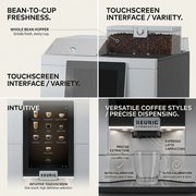 Keurig Eccellenza Momentum feature graphic: bean hopper, touchscreen menu, multi-nozzle dispensing detail, auto-calibration checkmark, consistent flavor, easy interface.