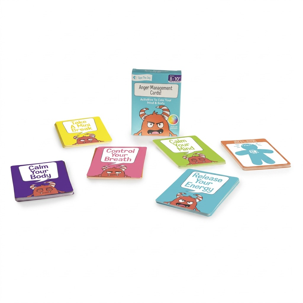 An open deck and spread of the Anger Management Cards! for body, breath, mind, and energy calm.