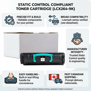 An e-commerce trust infographic for the Static Control LCX264-9K toner cartridge, highlighting quality, compatibility, easy handling, and fast Canadian shipping.