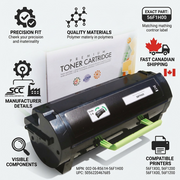A trust and authority infographic centered on the SCC toner cartridge with icons for fit, build, materials, and fast Canadian shipping.