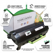 A product reliability infographic for the Static Control toner, citing robotic build and Canadian shipping.
