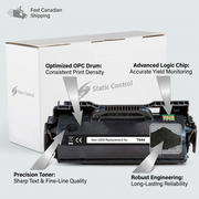 Product visual matrix image for the static control T644 toner cartridge, with operational feature callouts.