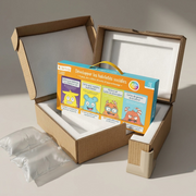 The social skills card game box is shown protected by custom foam, airbags, and corner guards within an unboxing scene.