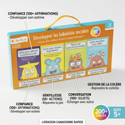 PDP feature graphic of the social skills card set, highlighting the four key conversation areas with short, benefit-focused labels in French.