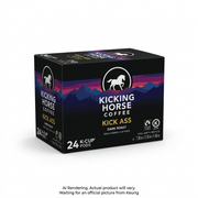 A sharp, high-resolution hero shot of the 24-count Kicking Horse Coffee Kick Ass dark roast K-Cup box.
