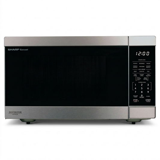 Front, centered view of the SHARP SMC1664KSC Countertop Microwave Oven in stainless steel against a white background.