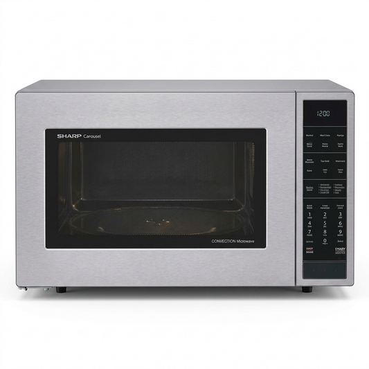 Front-facing studio shot of the SHARP Carousel Convection Microwave in stainless steel, set against a pristine white background with sharp details and realistic lighting for e-commerce.