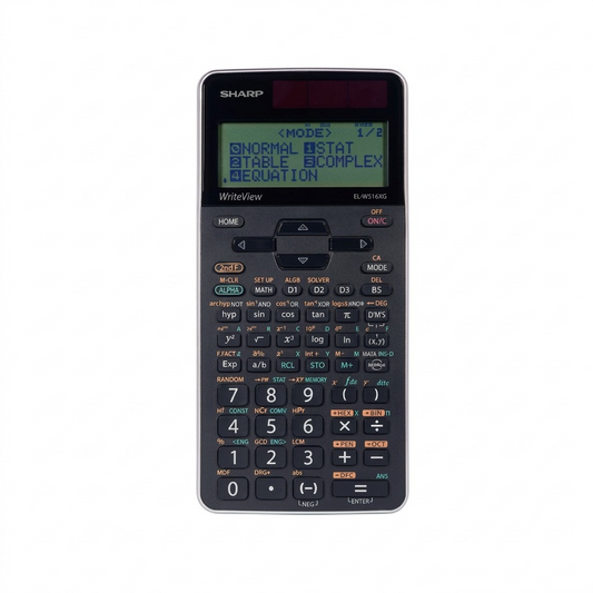 Sharp ELW516XGSL scientific calculator heroic shot, showing 640 functions, Twin Power, on white background.