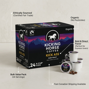 Callout graphic for Kicking Horse 'Kick Ass' 24-count, showcasing organic, Fair Trade, and bold flavor benefits.