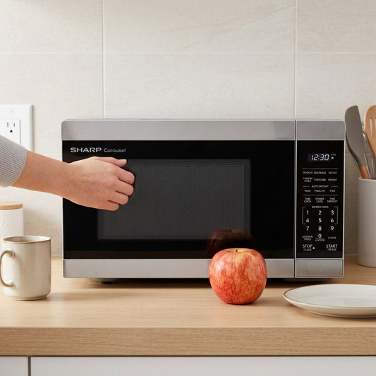 This lifestyle photo shows the SHARP SMC0962KSC microwave on a kitchen counter next to a mug, showcasing its actual size.