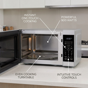 Product visual graphic for SHARP microwave highlighting core features with factual, short callouts.