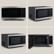 SHARP SMC1664KSC microwave displayed in three views: front-face, angled side and an open-door view.