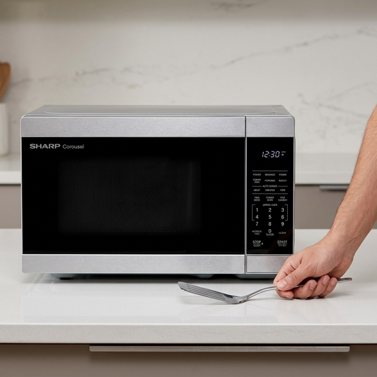 A scale reference photo showing the SHARP SMC1162KSC 1.1 cu. ft. microwave next to a standard kitchen spatula on a white countertop.