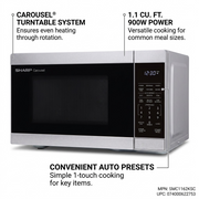A 3/4 front view of the SHARP SMC1162KSC microwave showing callouts for Carousel turntable, 1.1 cu. ft. capacity, and auto presets.