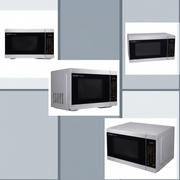 Grid of four product views shows different angles of the same silver Sharp Carousel microwave.