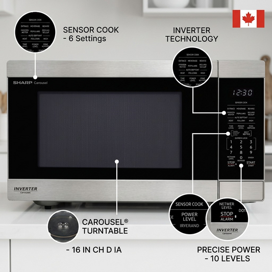 Feature graphic of SHARP SMC2264KSC microwave showing Inverter, Sensor Cook, Carousel, and 10 power levels.