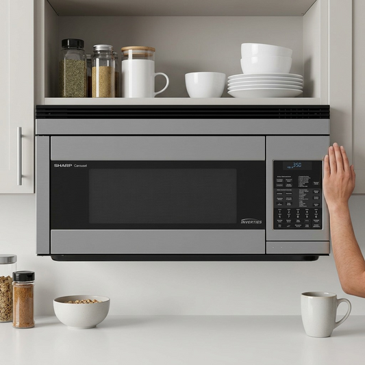 SHARP R1874TY over-the-range microwave next to a common spice jar and forearm, showing relative size.