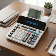 lifestyle photo context: SHARP ELDP9001 12 Digit Paperless Printing Calculator on a clean, modern desk in a home or commercial office environment with soft natural light, surrounded by a few notebooks, pens, and a laptop.