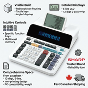 An infographic showing the SHARP ELDP9001 calculator with features and Canadian shipping icons.