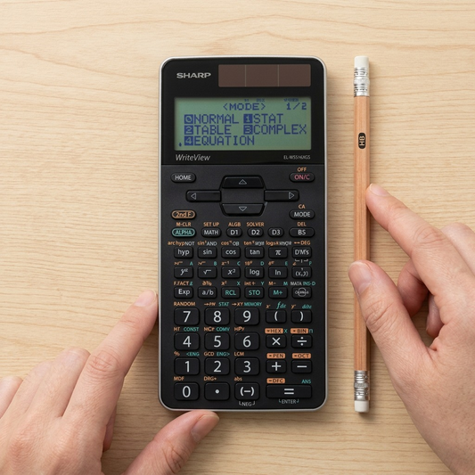 A photo showing the ELW516XGSL calculator next to a pencil and a hand for size.