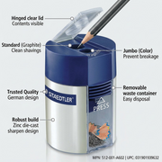 Operational feature callout visual for the STAEDTLER 512-001-A602 sharpener, highlighting its functional design benefits.