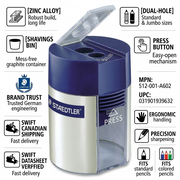 An e-commerce infographic matrix for a dual-hole pencil sharpener, highlighting its features and benefits through icons and text.