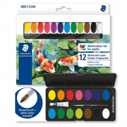 STAEDTLER (888 C12A6) 12 watercolour set for adults with koi art and brush on a pure white background.