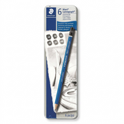 Hero shot: STAEDTLER Mars Lumograph 6-pencil tin set on clear white.