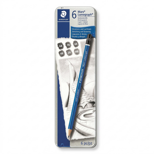 Hero shot: STAEDTLER Mars Lumograph 6-pencil tin set on clear white.