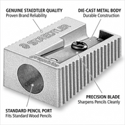 STAEDTLER metal sharpener feature callout: Die-cast body, precision blade, standard pencil port.