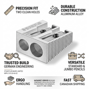 An infographic promoting the quality and features of a STAEDTLER metal pencil sharpener.