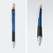 PDP visual matrix illustrating two angles of the Staedtler 0.9 mm mechanical pencil, showing its side and front profiles.