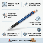 Trust infographic of STAEDTLER Mars micro 0.9mm pencil, featuring build detail icons and Canadian shipping cue.